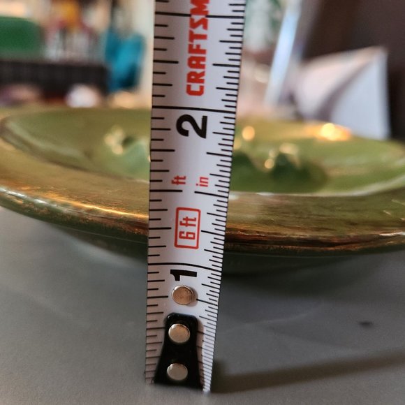 MCM 1961 Green Glazed Ashtray Gold Brush Marks Handmade 7"D Markings On Bottom - Picture 7 of 7